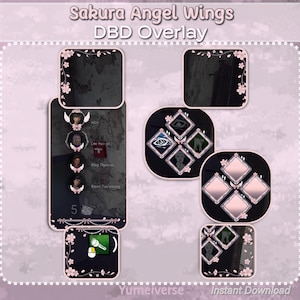 May include: A digital Sakura Angel Wings DBD overlay set featuring soft pink cherry blossom borders on dark frames. The collection includes various UI elements, player status boxes, and item slots with delicate floral accents and white wing motifs.