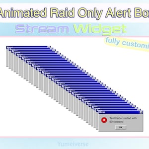 May include: A digital stream widget graphic featuring the text Animated Raid Only Alert Box, Stream Widget, and fully customizable. The design displays a cascading series of blue error windows, with the front window showing a red error icon and the text TestRaider raided with 99 viewers! and an OK button.