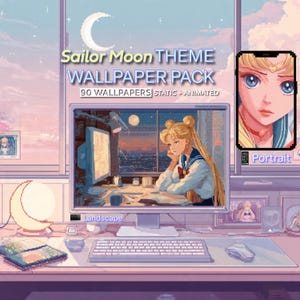 May include: A digital illustration of a Sailor Moon theme wallpaper pack. The image features a desktop computer, a smartphone, and a desk with a keyboard and mouse. The computer screen displays a pixelated anime scene. The smartphone shows a portrait of Sailor Moon. The text reads "Sailor Moon Theme Wallpaper Pack".
