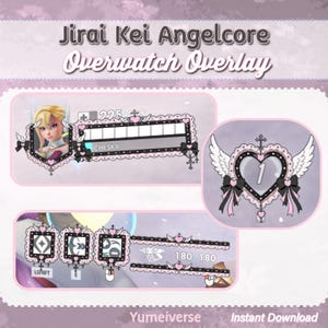 May include: A pink and white Overwatch overlay design with the text "Jirai Kei Angelcore Overwatch Overlay." The design includes a character portrait, health bars, and a heart-shaped emblem with wings. The overlay has a decorative lace border.