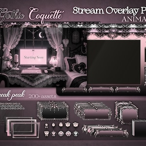 250+ resurser animerade gotiska kokettströmningsskärmöverläggspaket | Mörkestetiska kawaii rosa och svarta Twitch Vtuber-paket