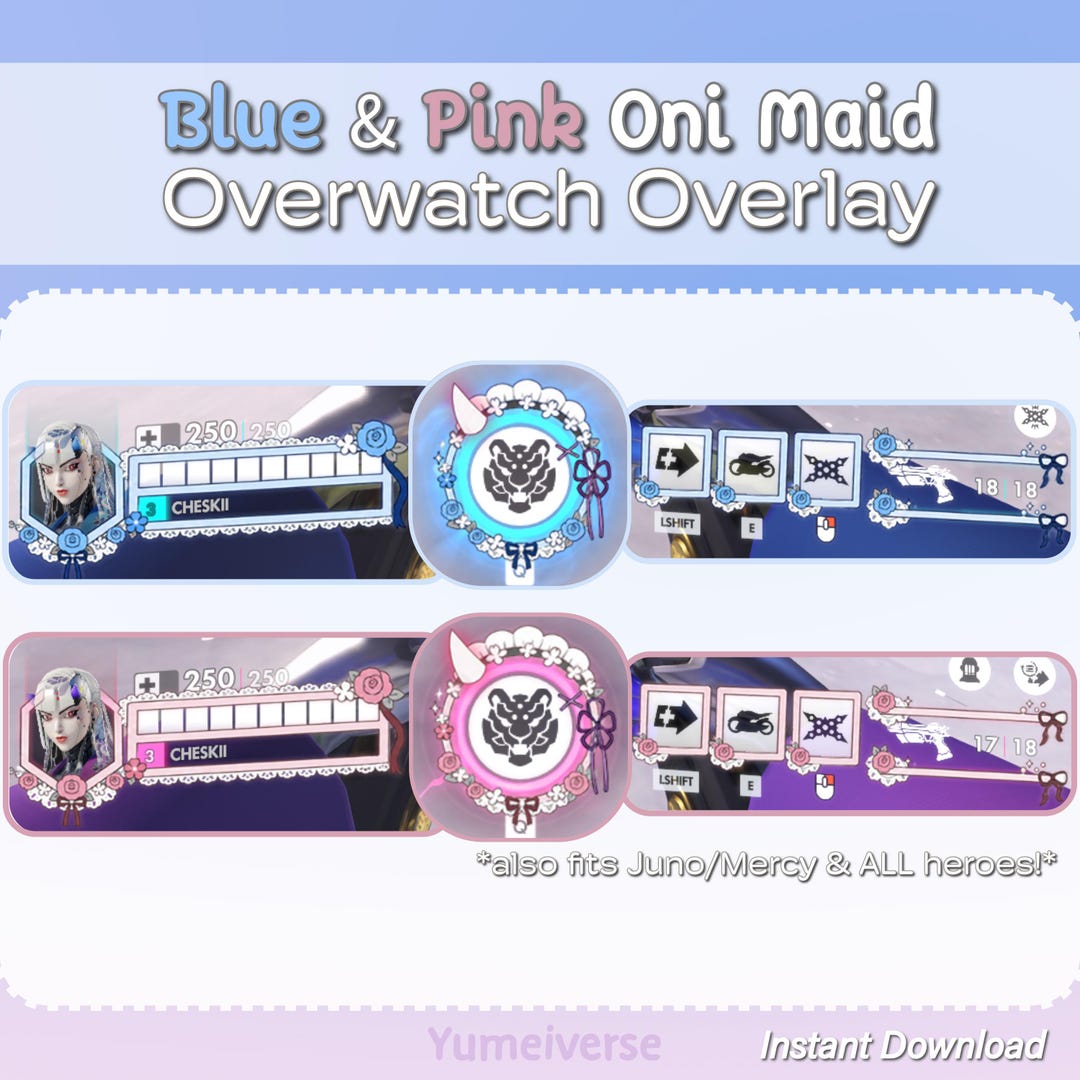 Blue & Pink Oni Maid OW HUD | 1080p 1440p Stream Overlay | HUD for Shion, Juno, Mercy and All Heroes | Kawaii Anime Horn Theme - Etsy