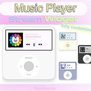 Puede incluir: Un widget de reproductor de música digital con el texto Music Player Stream Widget y fully customizable. El diseño incluye una interfaz blanca con un icono de flor colorido, controles de reproducción y variaciones más pequeñas en blanco, negro y azul.