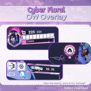 May include: A digital gaming overlay titled Cyber Floral OW Overlay featuring a purple and white color scheme. It includes a health bar with the name CHESKII, a character portrait, ability icons labeled LSHIFT and E, and weapon ammo counters.