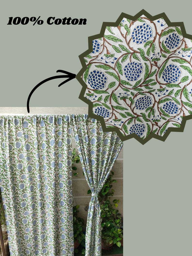 Block Print Cotton Curtains, Boho Floral Window Drapes, Light Filtering ...
