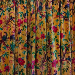 Bird of Paradise Velvet Curtain: Golden Mustard Floral Boho Drapes