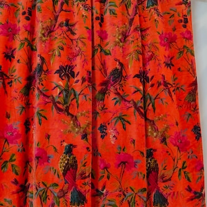 Coral Orange Color Velvet Bird Print Curtains, Vintage Style Cotton Velvet Drapes, Boho Curtain, luxury Drapes ,Can Be Customized.
