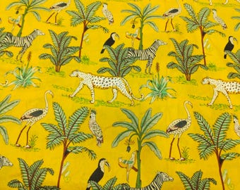 May include: Yellow fabric with a repeating pattern of zebras, leopards, birds, and palm trees. The design features a vibrant jungle scene with a variety of wildlife and lush greenery.