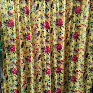 Bird & Floral Print Cotton Curtain – Bright Yellow Boho Drapes, Handmade Window Panel, Botanical Home Decor, Ethnic Tropical Curtain