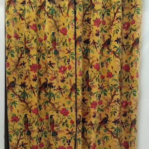 Bird of Paradise Print Velvet Curtain: Golden Mustard Boho Drapes