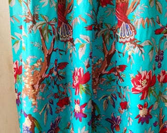 Cortinas de ave del paraíso tropical, cortinas bohemias de algodón azul verdoso
