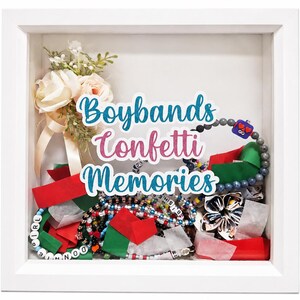 Bandas de chicos, confeti, recuerdos: marco de caja de sombras para entradas de conciertos personalizadas (título personalizable)