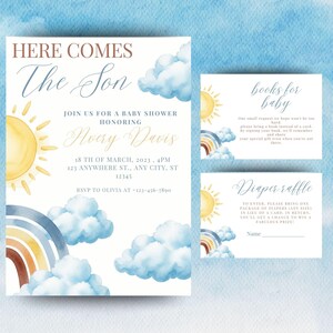 Here comes the son baby shower invitation, Editable Here come the sunshine baby shower Books For Baby card, Diaper raffle card.