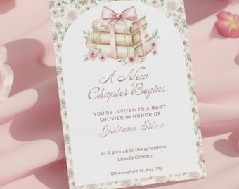 A new chapter begins baby shower, Storybook baby shower invitation, Book themed baby shower