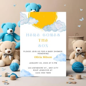 Here comes the son baby shower invitation, Sunshine BabyShower Invite,  Editable Template summer babyshower invitation, Boho Sunshine Shower