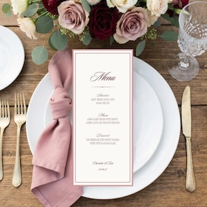 Burgundy dusty rose wedding menu card, Personalized classic napkin note, Editable Canva template. SG10