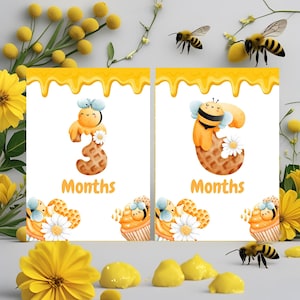 Cartes jalons abeilles, cartes jalons mensuels bébé miel, accessoire photo imprimable pour la première année, jalon mensuel bébé fille.