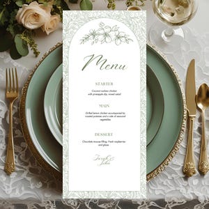 Sage green wedding menu template, Floral menu card template, Printable Greenery wedding Place Menu Card, Vintage dinner napkin note.