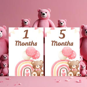 Cartes jalons ours rose, cartes jalons mensuels bébé arc-en-ciel, accessoire photo imprimable première année, jalon mensuel bébé fille.