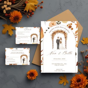 Autumn Wedding invitation set, Editable Fall Wedding Invitation Suite, Arch wedding invitation Autumn Wildflower RSVP card, Details Card.