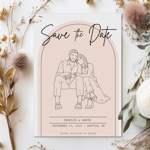Guardar la fecha personalizada, invitación de boda ilustrada, boda boho guardar la fecha, dibujo personalizado de ilustración de retrato de pareja, DIGITAL