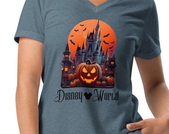Women’s Disney World Halloween Cinderella’s Castle V-neck T-shirt
