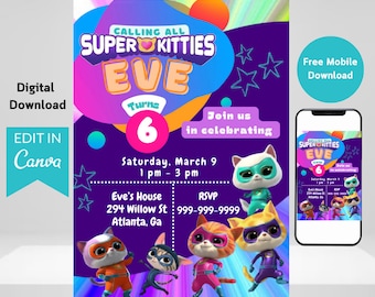 Superkitties invite, Superkitties party, Superkitties birthday invite
