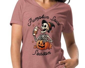 Damska koszulka z dekoltem w serek i motywem szkieletu Pumpkin Spice Fall Season