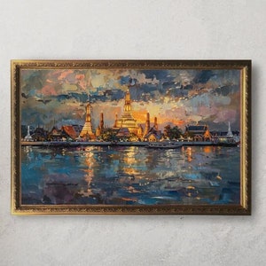 Thailand Temple Art Print | Wat Arun | Cityscape Digital Download | Bangkok Wall Art | Vintage Thai Decor l Abstract Oil Painting