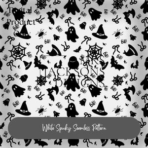 May include: A white seamless pattern featuring black Halloween-themed illustrations. The design includes bats, spiders, witch hats, ghosts, cobwebs, and the word "Boo!" repeated throughout. The text "White Spooky Seamless Pattern" is at the bottom.