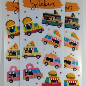 Food Trucks Sticker Sheet, Traveling Food Set, Cute Water Resistant Decals, Coffee, Donuts, Burgers, Pizza, Ice Cream, Taco, Unique Gifts