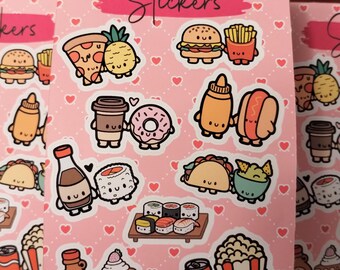Cute Food Pairs Sticker Sheet, Kawaii Food Stickers, Fun Decals, Adorable Foodie Gift, Mini Snack Foods, Food Love, Perfect Together
