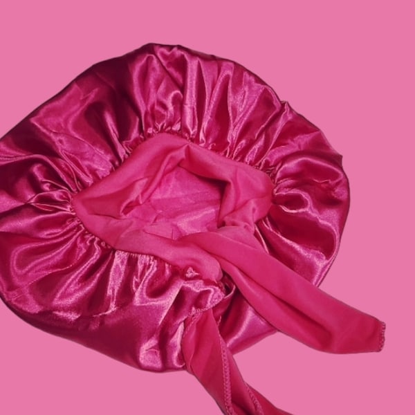 Kids satin bowtie bonnet - HOT PINK bonnet- headband bow bonnet -  soft, satin, stylish, - kids satin bonnets-kids silk bonnets