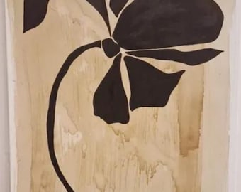 Botanisch schilderij met koffie en inkt | Handgemaakt botanisch schilderij | Minimalistische bloemenkunst | Natuurdecoratie