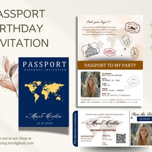 May include: A passport-themed birthday invitation with a navy blue and gold colour scheme. The design includes a world map graphic and the text "Passport Birthday Invitation". The name "Maxx Collin" and date 12.10.2026 are also present.