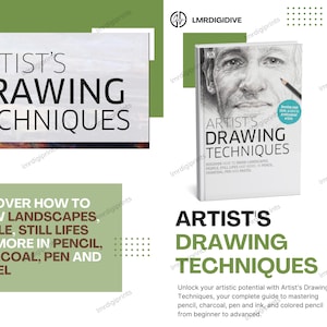 May include: The book "Artist's Drawing Techniques" is displayed, featuring a portrait on the cover. The book is white with black text. Additional text reads: "Discover how to draw landscapes, people, still lifes and more in pencil, charcoal, pen and pastel."