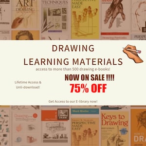 Könnte beinhalten: Bild, das Lernmaterialien zum Zeichnen bewirbt. Das Bild zeigt Buchcover mit Titeln wie "Art Drawing" und "Perspective Made Easy". Der Text hebt "Now on Sale!!!! 75% Off" und "Zugang zu mehr als 500 Zeichen-E-Books!" hervor.