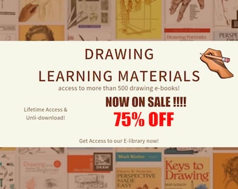 May include: Image promoting drawing learning materials. The image features book covers with titles like "Art Drawing" and "Perspective Made Easy." Text highlights "Now on Sale!!!! 75% Off" and "access to more than 500 drawing e-books!"