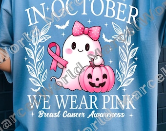 Im Oktober tragen wir Pink Ghost Png, Brustkrebs-Bewusstsein Png, Halloween-Geist-Krebs Png, Krebs Pink Ribbon Png, digitale Datei