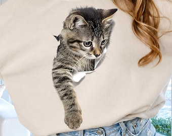 Tabby Kitten Peeking Through T-Shirt PNG, Cute Cat Lover Digital Download