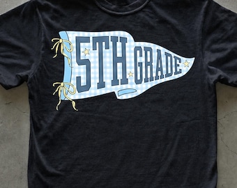 5th Grade Banner PNG, Teacher Digital Download, Blue Gingham Bow Clipart