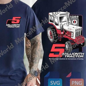 May include: Navy blue t-shirt featuring a graphic of a red, white, and black tractor with the text "1066 FARMALL" and "5 MILLIONTH TRACTOR." The front of the shirt has the number 5 and the words "MILLIONTH TRACTOR."