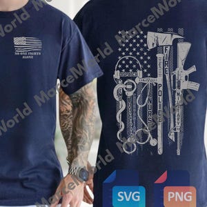 May include: Navy blue t-shirt with a distressed American flag design. The front features the flag and the text "NO ONE FIGHTS ALONE." The back displays a flag design with symbols for fire, police, EMS, and military.