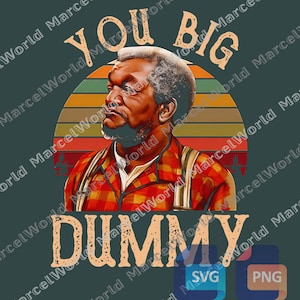 Op de afbeelding: Vintage illustratie van een man in een rood-geel geruit overhemd, met de tekst "You Big Dummy". De achtergrond heeft een zonsondergangontwerp met horizontale strepen.