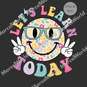 Puede incluir: Gráfico retro sobre fondo negro con una carita sonriente con estampado floral, gafas azules y haciendo el signo de la paz. El texto "LET'S LEARN TODAY" está en letras coloridas y redondeadas.