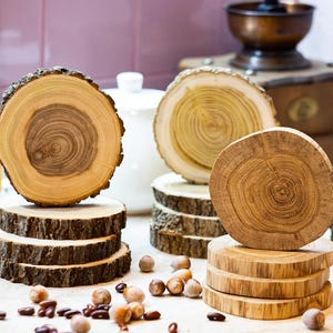 May include: A collection of rustic wooden coasters and small log slices. The coasters are made from natural wood, showcasing the tree rings and bark edges. A white ceramic mug and scattered nuts are also present.
