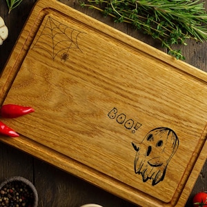 SpookyVibes – Custom Pumpkin & Phantom Engravings – Witchy Prep Tray – Halloween Gift for Cooks - Fall Kitchen Decor