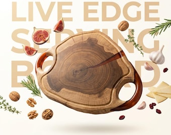 Walnoothouten serveerplank met rode harsgrepen | Live Edge-charcuteriebord | Handgemaakte vleesschotel | Uniek keukencadeau