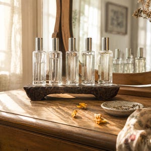 May include: Five clear glass perfume bottles with silver caps are displayed on a dark wooden tray. The bottles are arranged on a wooden dresser, with a vase of dried flowers and a small dish nearby. The scene is illuminated by soft, natural light.