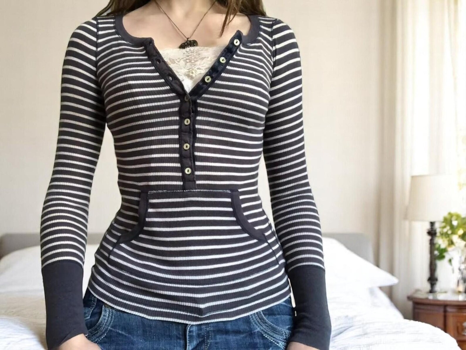 Retro Pearl Henley Off Shoulder Slim Blouse main image 0